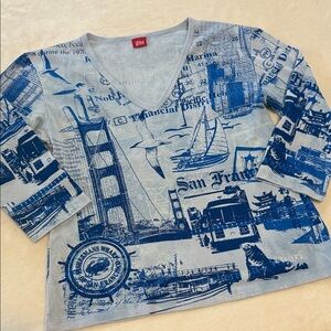 Glima Y2K Blue San Francisco Cityscape Graphic Print Women's Top NWOT